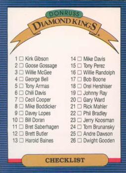 1986 Donruss #NNO Diamond Kings Checklist: 1-26 Front
