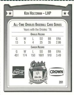 1991 Crown/Coca-Cola Baltimore Orioles #201 Ken Holtzman Back