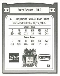 1991 Crown/Coca-Cola Baltimore Orioles #375 Floyd Rayford Back
