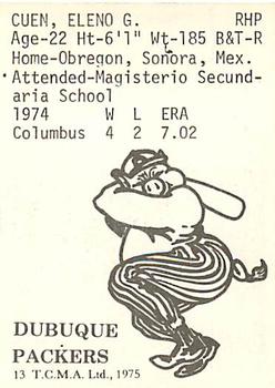 1975 TCMA Dubuque Packers #13 Eleno Cuen Back