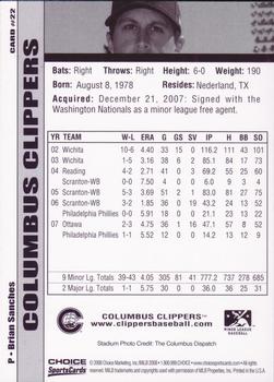 2008 Choice Columbus Clippers #22 Brian Sanches Back