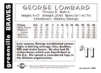 1998 Grandstand Greenville Braves #NNO George Lombard Back