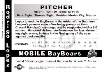 1999 Grandstand Mobile BayBears 1998 Southern League Champions #NNO Rodrigo Lopez Back