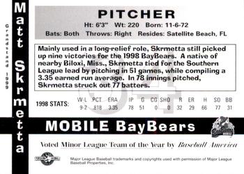 1999 Grandstand Mobile BayBears 1998 Southern League Champions #NNO Matt Skrmetta Back