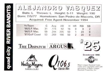 1998 Grandstand Quad City River Bandits #NNO Alejandro Vasquez Back
