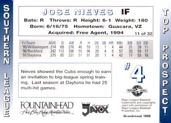 1998 Grandstand Southern League Top Prospects #11 Jose Nieves Back