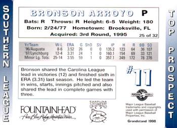 1998 Grandstand Southern League Top Prospects #25 Bronson Arroyo Back