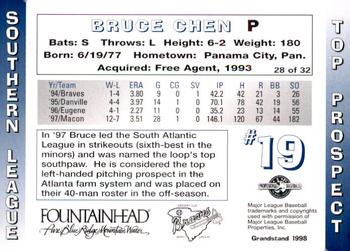 1998 Grandstand Southern League Top Prospects #28 Bruce Chen Back