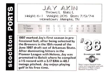 1998 Grandstand Stockton Ports #NNO Jay Akin Back