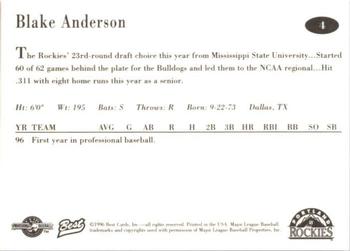 1996 Best Portland Rockies #4 Blake Anderson Back