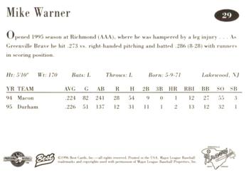 1996 Best Greenville Braves #29 Mike Warner Back