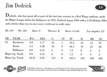 1996 Best Rochester Red Wings #10 Jim Dedrick Back