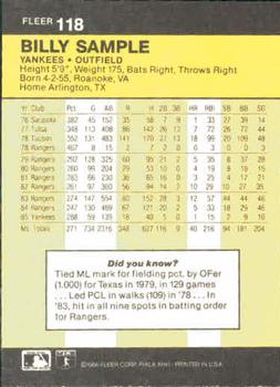 1986 Fleer #118 Billy Sample Back