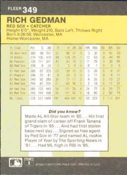 1986 Fleer #349 Rich Gedman Back