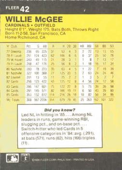 1986 Fleer #42 Willie McGee Back