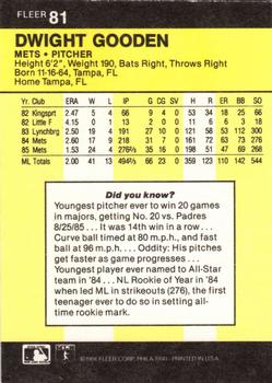 1986 Fleer #81 Dwight Gooden Back