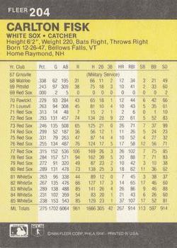 1986 Fleer #204 Carlton Fisk Back