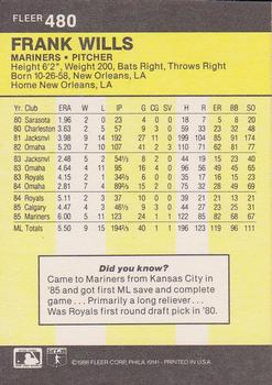 1986 Fleer #480 Frank Wills Back