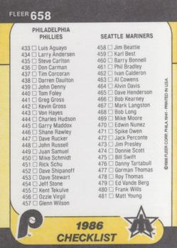 1986 Fleer #658 Checklist: Twins / A's / Phillies / Mariners Back