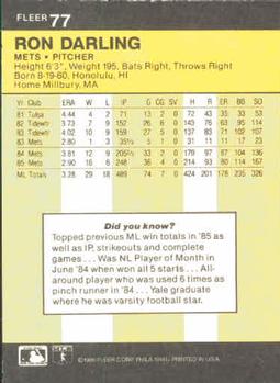 1986 Fleer #77 Ron Darling Back