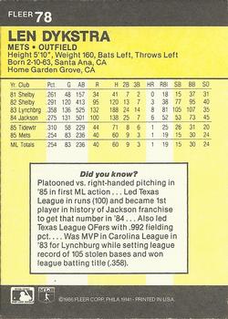 1986 Fleer #78 Len Dykstra Back