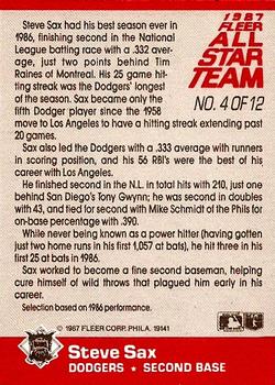 1987 Fleer - Fleer All-Star Team #4 Steve Sax Back