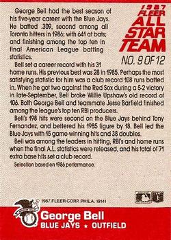 1987 Fleer - Fleer All-Star Team #9 George Bell Back