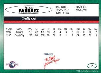 1998 Blueline Q-Cards Kissimmee Cobras #14 Jesus Farraez Back