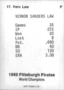 1977 TCMA Pittsburgh Pirates 1960 World Champions #17 Vern Law Back