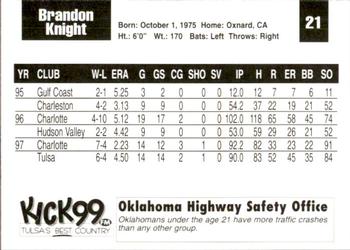1998 Tulsa Drillers #21 Brandon Knight Back