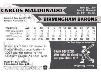 2004 Grandstand Birmingham Barons #NNO Carlos Maldonado Back