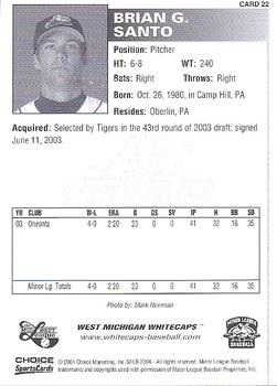 2004 Choice West Michigan Whitecaps #22 Brian Santo Back