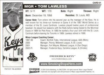2004 Choice Frederick Keys SGA #01 Tom Lawless Back