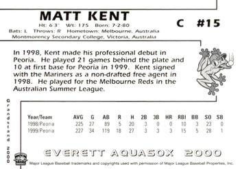 2000 Grandstand Everett AquaSox #NNO Matt Kent Back