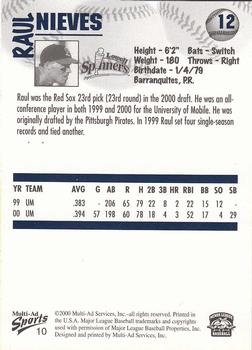 2000 Multi-Ad Lowell Spinners #10 Raul Nieves Back