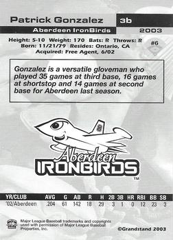 2003 Grandstand Aberdeen IronBirds #NNO Patrick Gonzalez Back