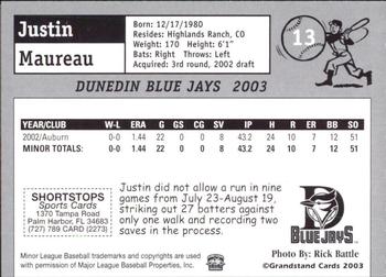 2003 Grandstand Dunedin Blue Jays #NNO Justin Maureau Back