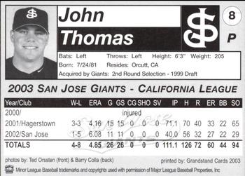 2003 Grandstand San Jose Giants #8 John Thomas Back