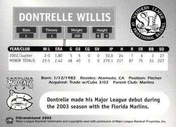 2003 Grandstand Southern League Top Prospects #NNO Dontrelle Willis Back