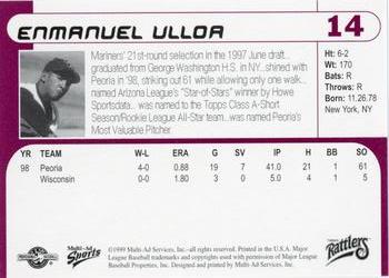 1999 Multi-Ad Wisconsin Timber Rattlers #14 Enmanuel Ulloa Back