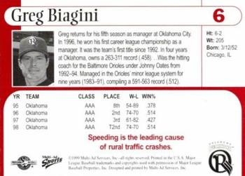 1999 Multi-Ad Oklahoma RedHawks #6 Greg Biagini Back
