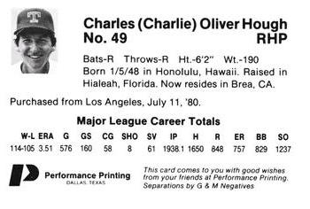 1986 Performance Printing Texas Rangers #NNO Charlie Hough Back