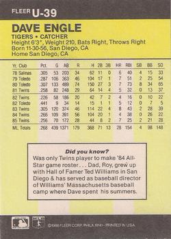 1986 Fleer Update #U-39 Dave Engle Back