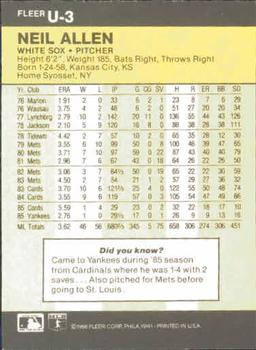 1986 Fleer Update #U-3 Neil Allen Back