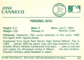 1991 Star Gold #63 Jose Canseco Back