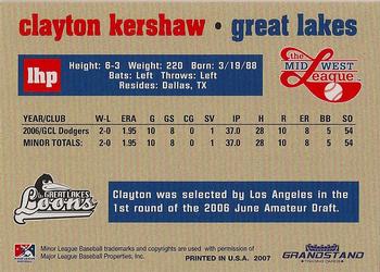 2007 Grandstand Midwest League Top Prospects #NNO Clayton Kershaw Back