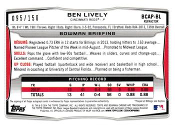 2014 Bowman Chrome - Prospect Autographs Blue Refractors #BCAP-BL Ben Lively Back