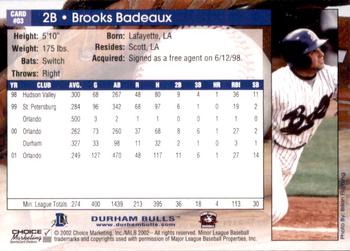 2002 Choice Durham Bulls #03 Brooks Badeaux Back