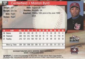 2002 Choice Scranton/Wilkes-Barre Red Barons #01 Marlon Byrd Back