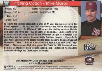 2002 Choice Scranton/Wilkes-Barre Red Barons #28 Mike Mason Back